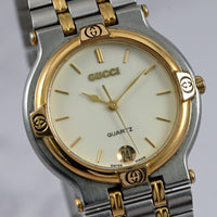 Vintage GUCCI 9000M 32mm Beige Dial GOLD/SILVER DATE Quartz Unisex adult Working