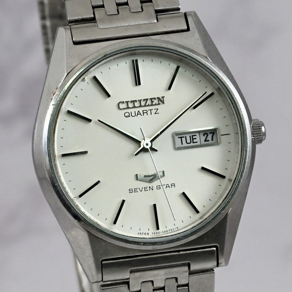 Vintage 1980's Citizen Seven Star 35mm Silver dial QUARTZ Day/Date Ref.4-140035