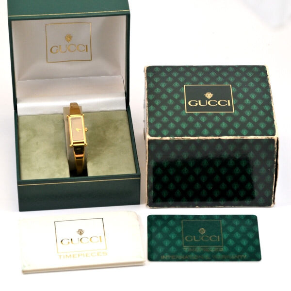 Vintage GUCCI 1500 Quartz 12mm Black/Gold Square Women Watch w/Box, Grantee Card