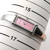 Vintage GUCCI 1500L Quartz 12mm Pink Shell/Silver Square Women Watch From JAPAN