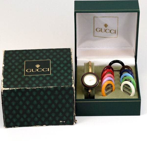 GUCCI Change Bezel Dial 12 colors Women's Gold Watch Bracelet 11/12.2 w/Box